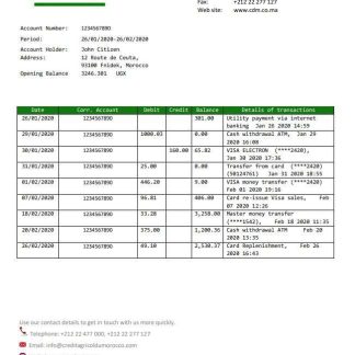 Morocco Credit Agricole bank statement template in Word and PDF format, good for address prove download template file