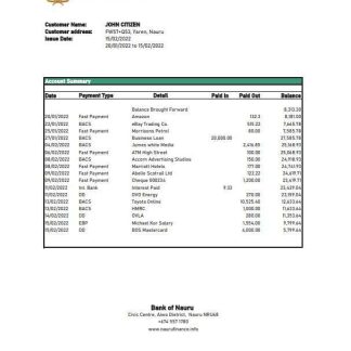 Nauru Bank of Nauru bank statement Excel and PDF template download template file
