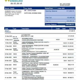 Nepal Kumari Bank Limited account statement Word and PDF template download template file