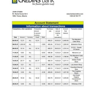 Albania Credins bank statement template in Excel and PDF format download template file