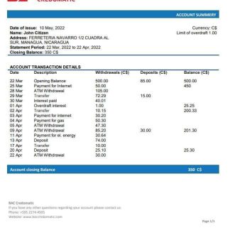 Nicaragua BAC Credomatic bank statement download template file