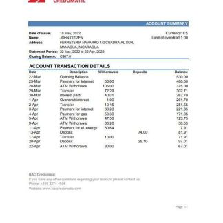 Nicaragua BAC Credomatic bank statement Excel and PDF template download template file