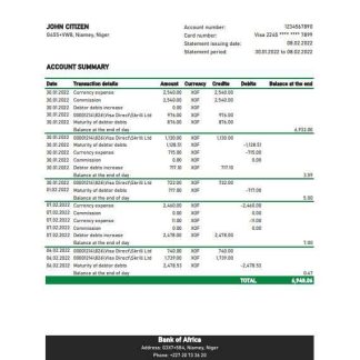 Niger Bank of Africa bank statement Excel and PDF template download template file