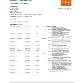 Nigeria GTBank proof of address bank statement template in Word and PDF format download template file
