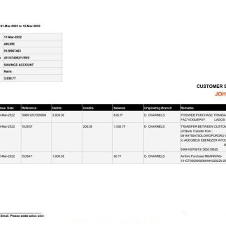Nigeria Guaranty Trust Bank (GTBank) savings account statement Word and PDF template download template file