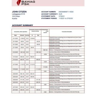 Austria BAWAG PSK bank statement easy to fill template in Excel and PDF format download template file