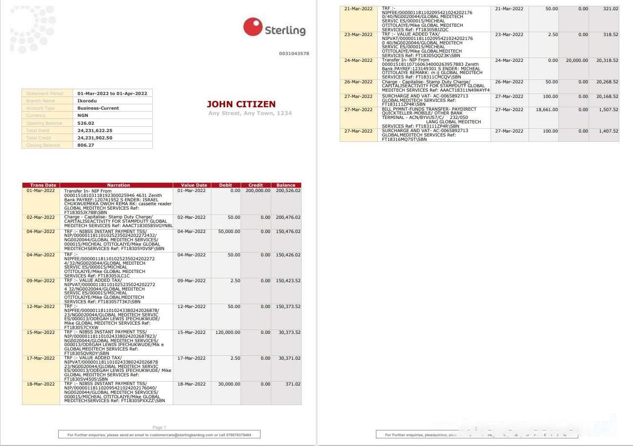 Nigeria Sterling bank statement download template file