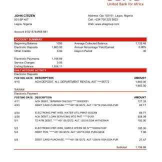 Nigeria UBA bank statement in Excel and PDF format download template file