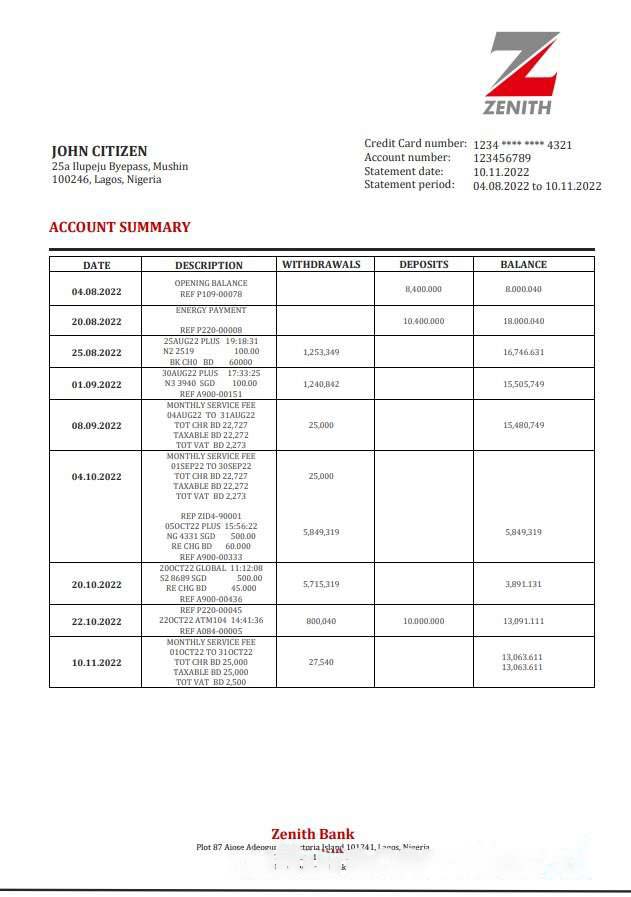 Nigeria Zenith Bank statement download template file