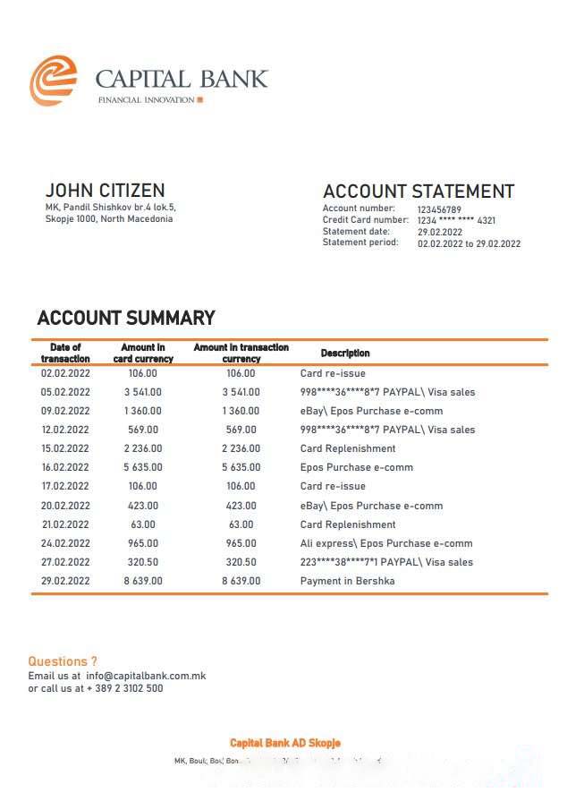 North Macedonia Capital Bank statement download template file