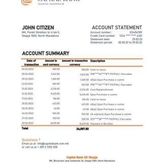 North Macedonia Capital Bank statement Excel and PDF template download template file
