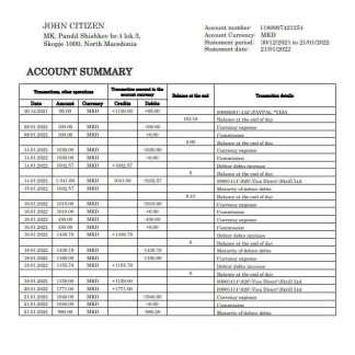 North Macedonia Stater Banka bank statement download template file