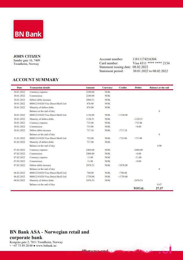 Norway BN Bank statement download template file