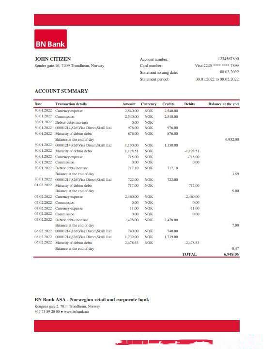 Norway BN Bank statement Excel and PDF template download template file