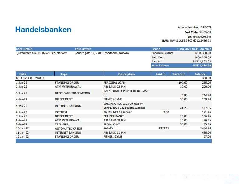 Norway Handelsbank statement Excel and PDF template download template file