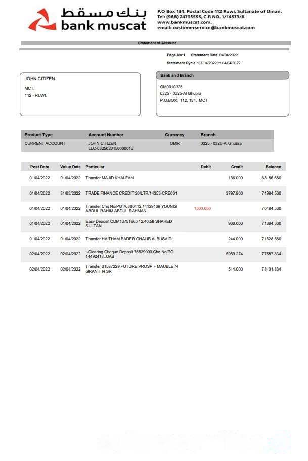 Oman Bank Muscat bank statement download template file