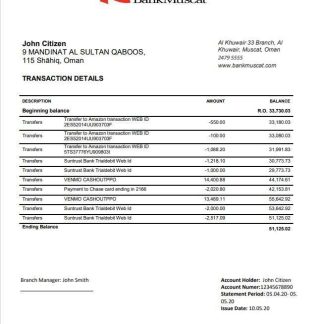 Oman Bank Muscat proof of address bank statement download template file