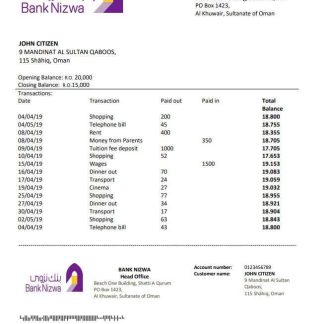 Oman Bank Nizwa bank statement download template file