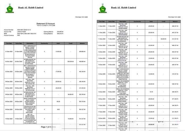 Pakistan Bank Al Habib statement of account Word and PDF template, 4 pages, 1 2 pages download template file