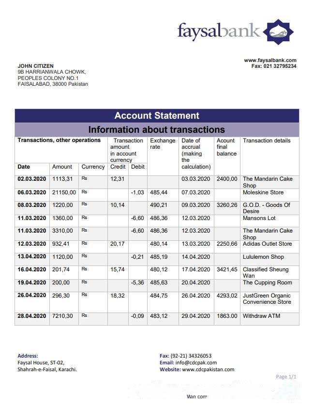 Pakistan Faysal bank statement download template file