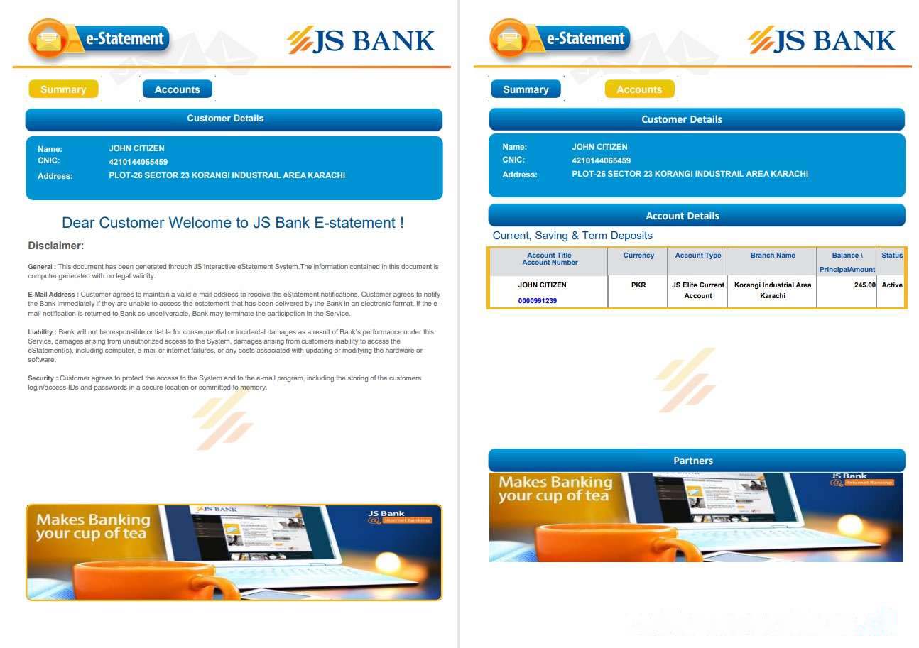 Pakistan JS bank e statement 3 pages download template file