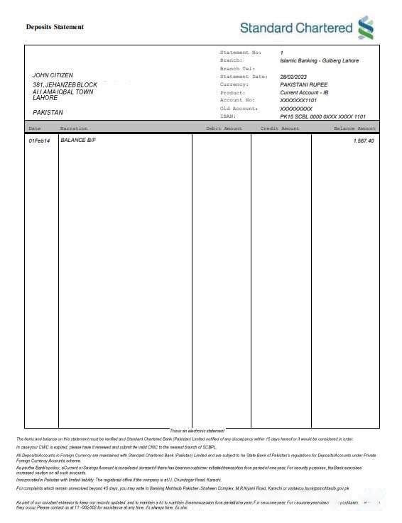 Pakistan Standard Chartered bank statement Word and PDF template download template file