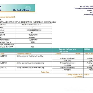 Pakistan The Bank of Khyber bank statement download template file