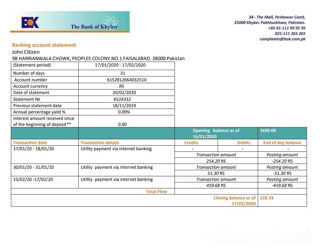 Pakistan The Bank of Khyber bank statement download template file