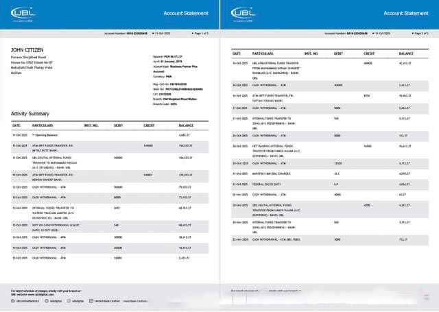 Pakistan United Bank Limited account statement Word and PDF template, 2 pages download template file