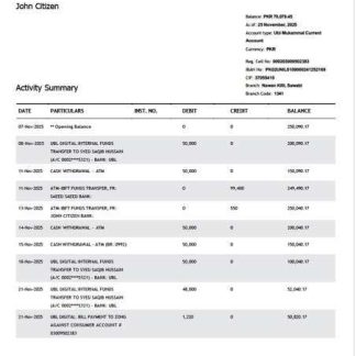 Pakistan United Bank Limited account statement Word and PDF template download template file
