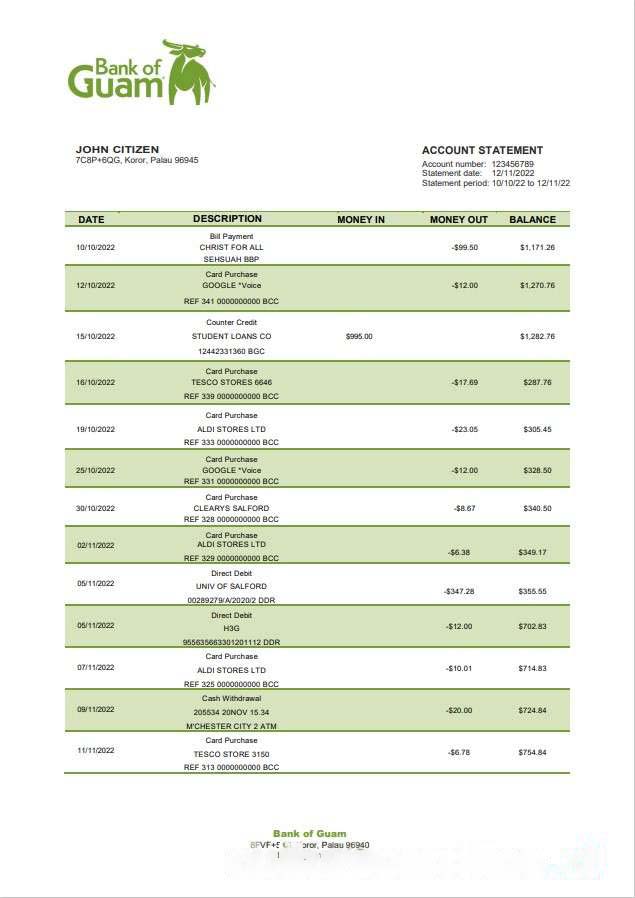 Palau Bank of Guam Bank statement download template file