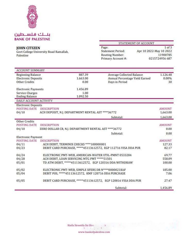 Palestine Bank of Palestine bank statement download template file