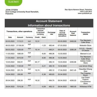 Palestine Quds bank statement download template file