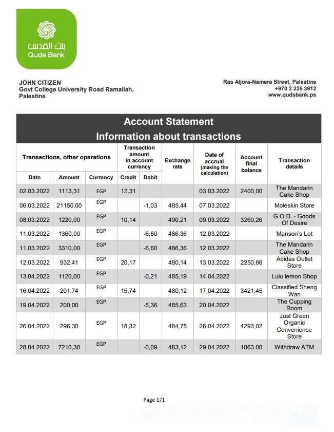 Palestine Quds bank statement download template file