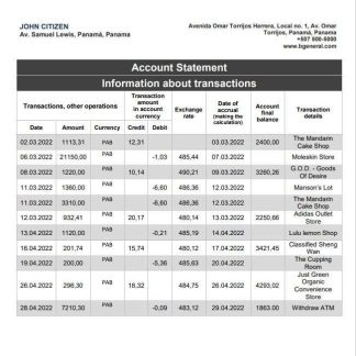 Panama Banco General bank statement download template file