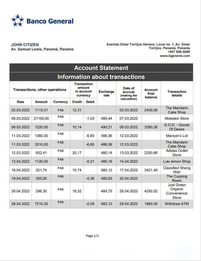 Panama Banco General bank statement download template file