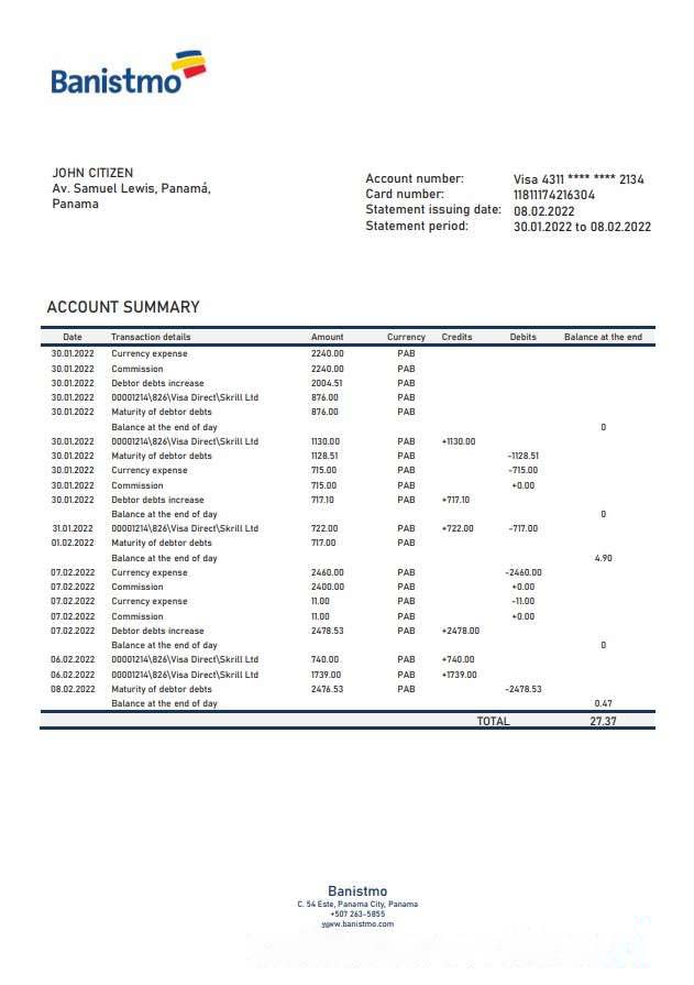Panama Banistmo bank statement download template file