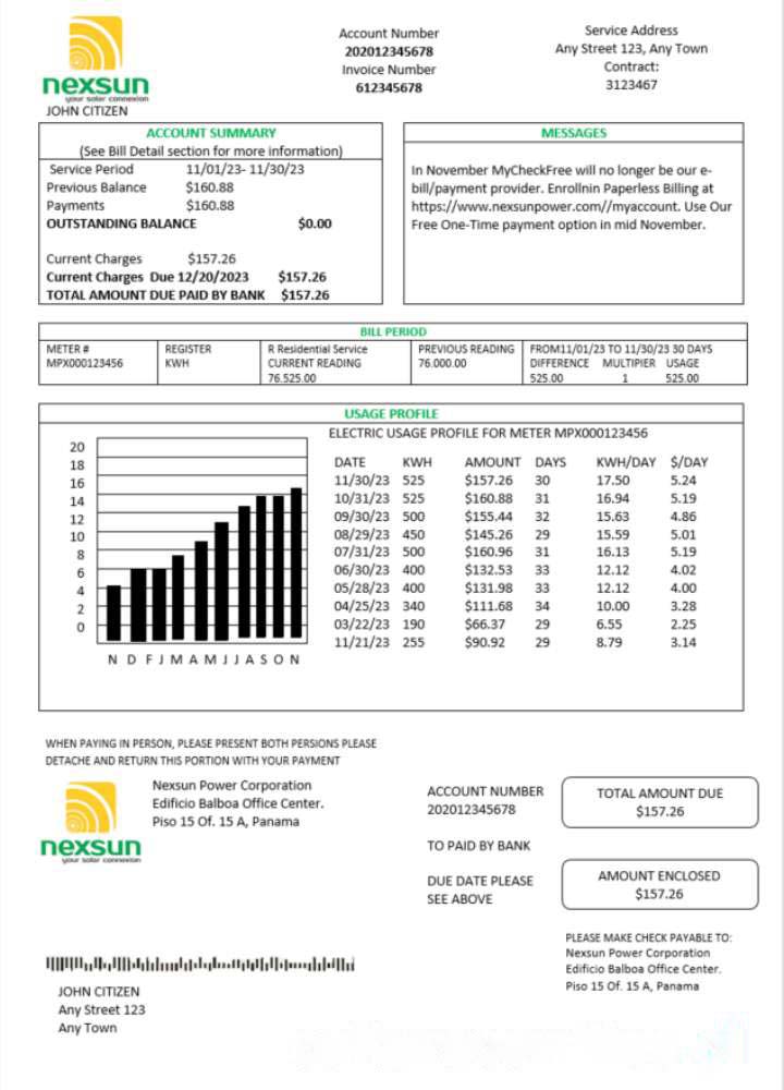 Panama Nexsun Power Corporation electricity utility bill Word and PDF template download template file