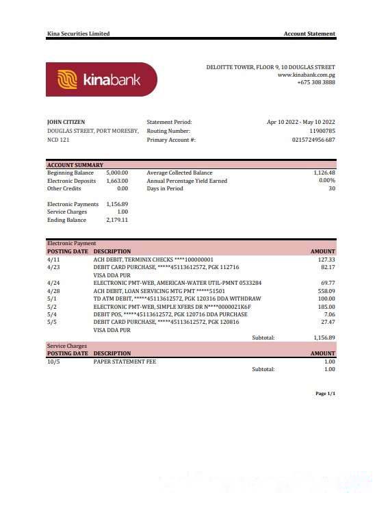 Papua New Guinea Kina Securities Limites bank statement Excel and PDF template download template file