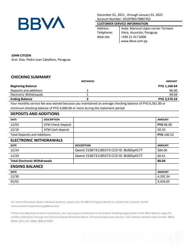 Paraguay BBVA bank statement download template file