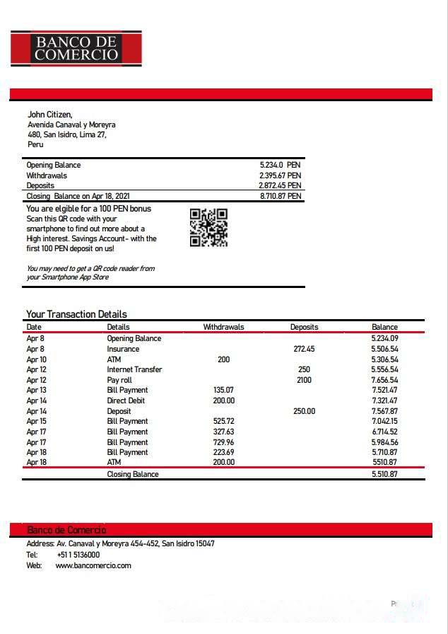 Peru Banco de Comercio bank statement download template file