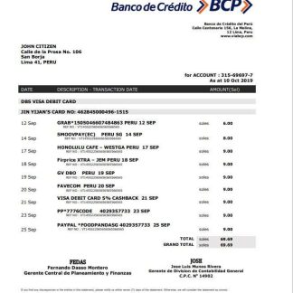 Peru Banco de Credito del Peru (BCP) bank statement download template file