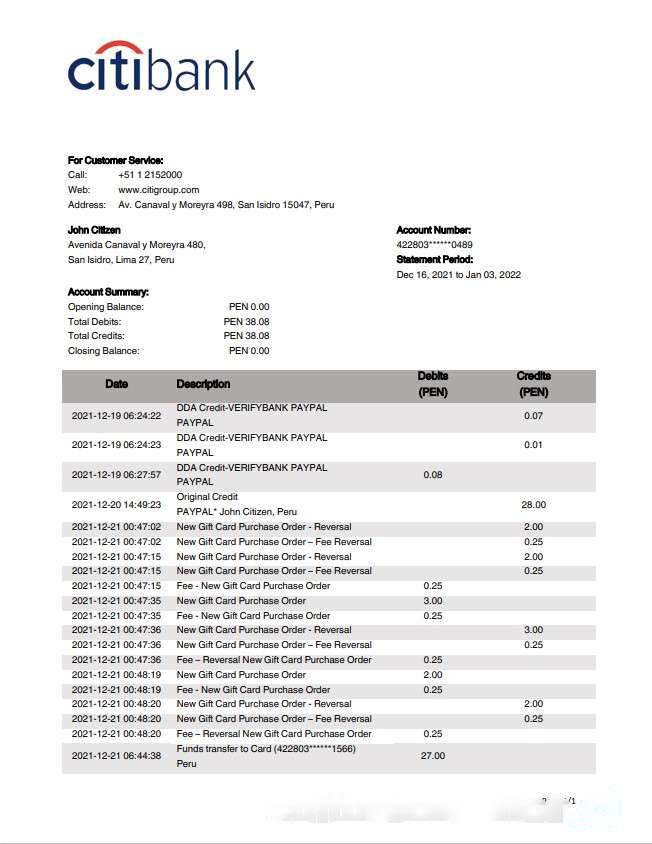 Peru Citibank bank statement download template file