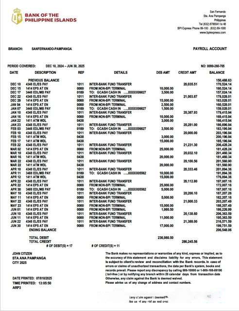 Philippines Bank of the Philippine Islands account statement Word and PDF template download template file
