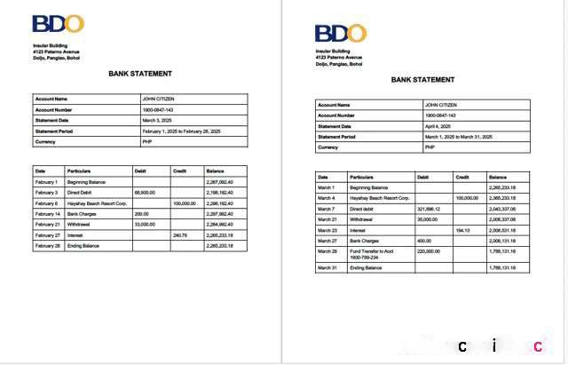 Philippines BDO Bank account statement Word and PDF template, 2 pages download template file