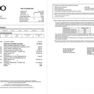 Philippines BDO bank credit card statement 2 pages download template file