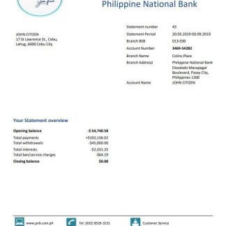 Philippines National Bank (PNB) proof of address bank statement template in Word and PDF format download template file