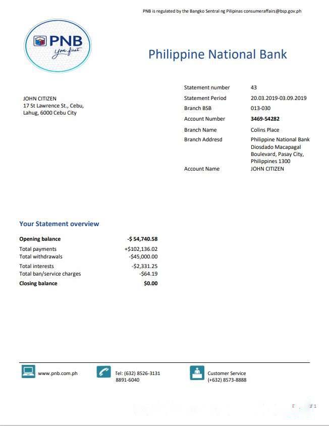 Philippines National Bank (PNB) proof of address bank statement template in Word and PDF format download template file