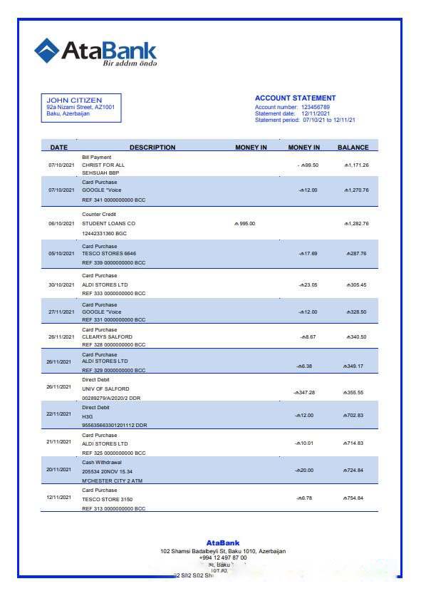 Azerbaijan Atabank bank statement template in Word and PDF format download template file