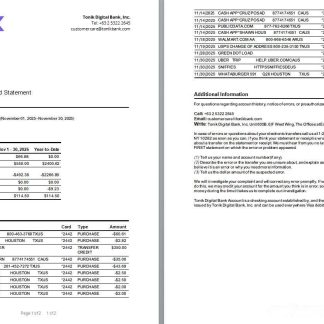 Philippines Tonik bank Premium Visa Debit Card statement Word and PDF template scr, 2 pages download template file